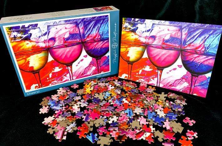 Playful Pastimes Puzzle Gift Bundle, 1000 Piece Puzzle, Beverage Napkins, Wine Bottle Stopper | Wine Lovers Puzzle | CHEERS!